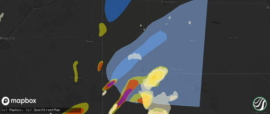 Hail map in Bowman, ND on June 27, 2026