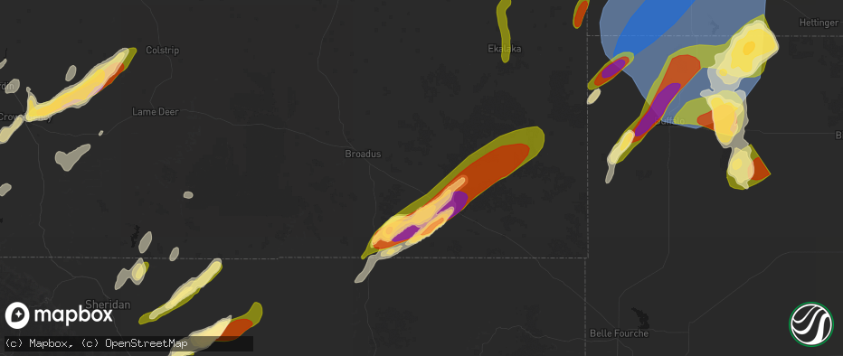 Hail map in Boyes, MT on June 27, 2026