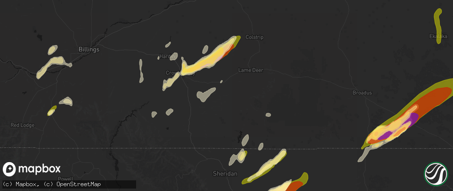 Hail map in Busby, MT on June 27, 2026