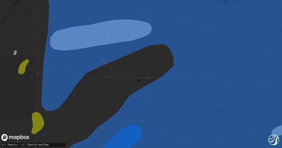 Hail map in Dickinson, ND on June 27, 2026