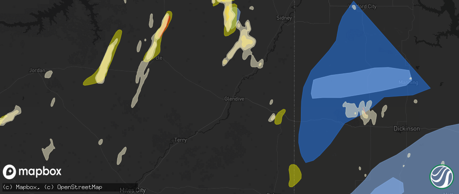 Hail map in Glendive, MT on June 27, 2026