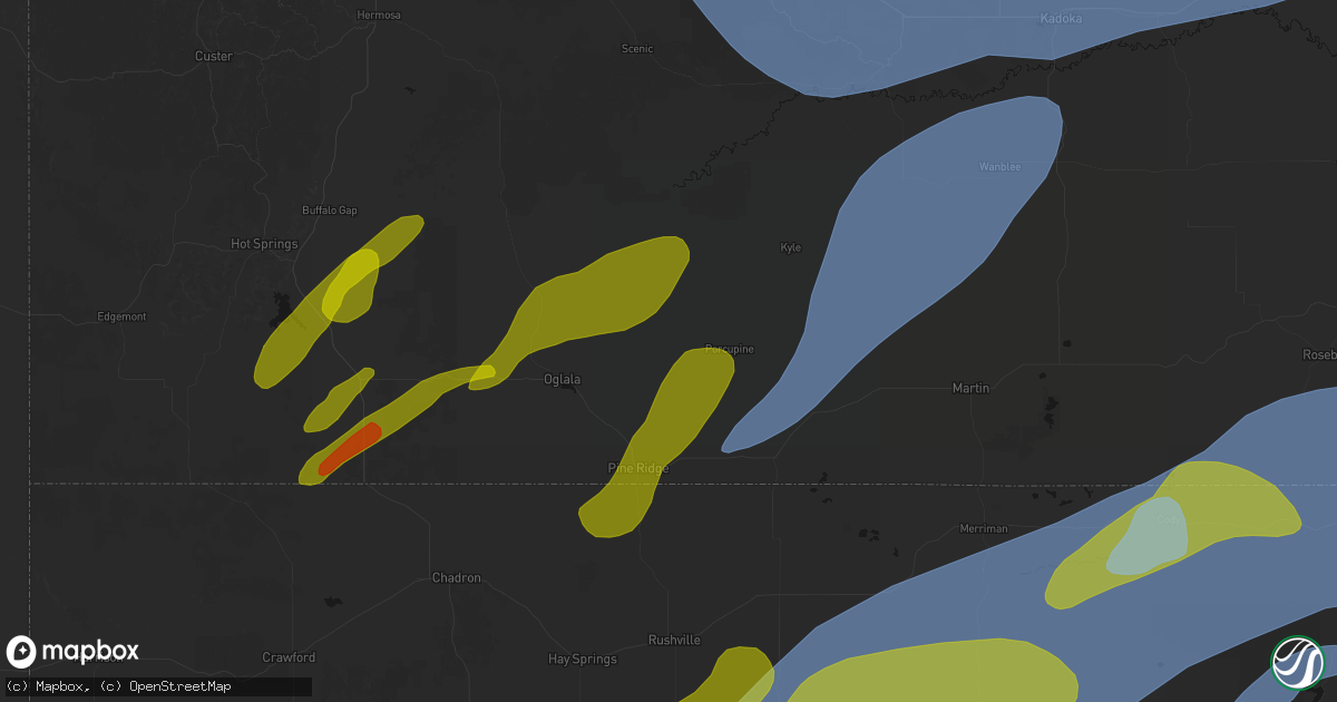 Hail map in Manderson, SD on June 27, 2026