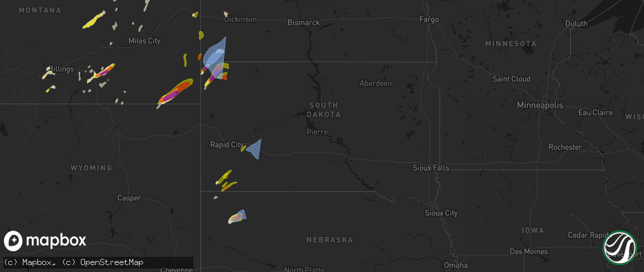 Hail map in South Dakota on June 27, 2026