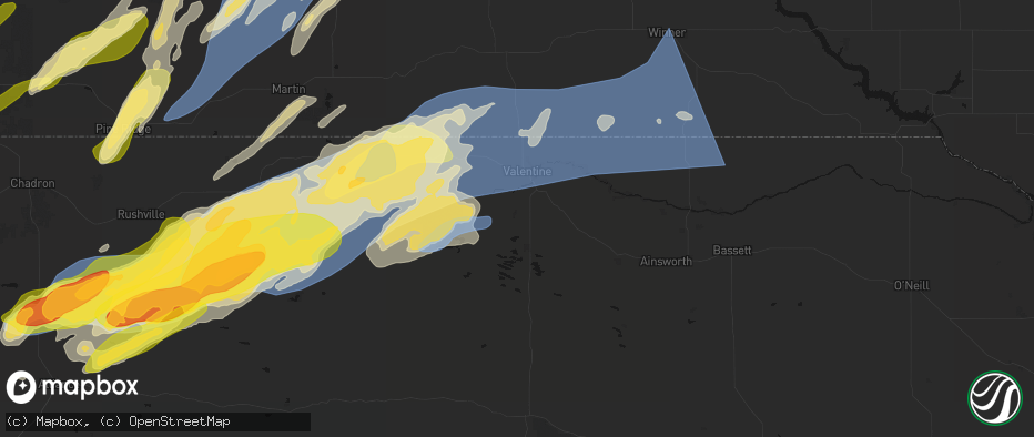 Hail map in Valentine, NE on June 27, 2026