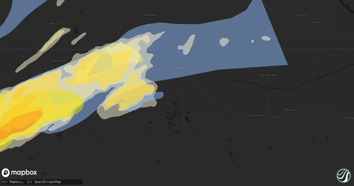 Hail map in Valentine, NE on June 27, 2026