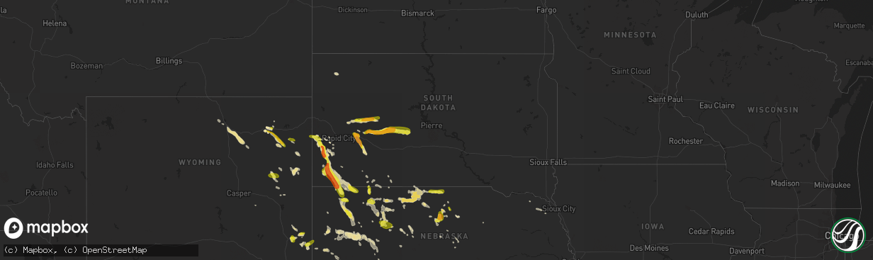 Hail map in South Dakota on June 28, 2016