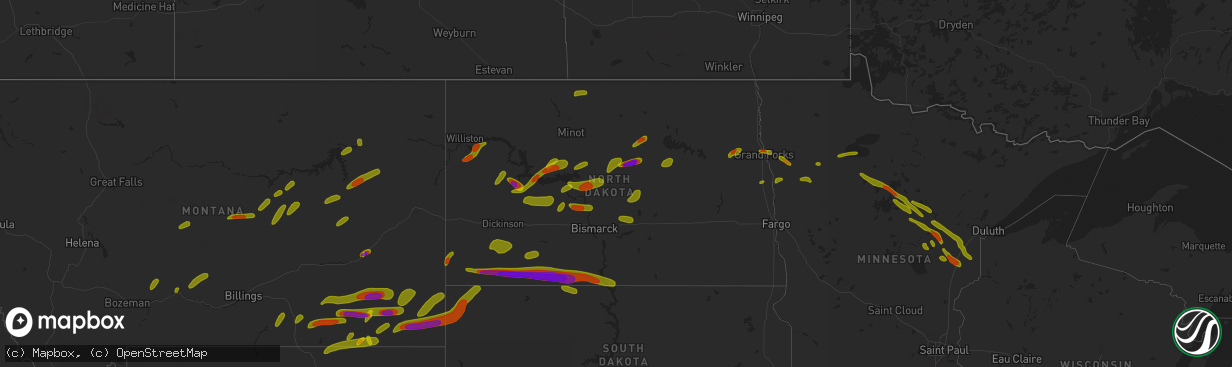 Hail map in North Dakota on June 28, 2018