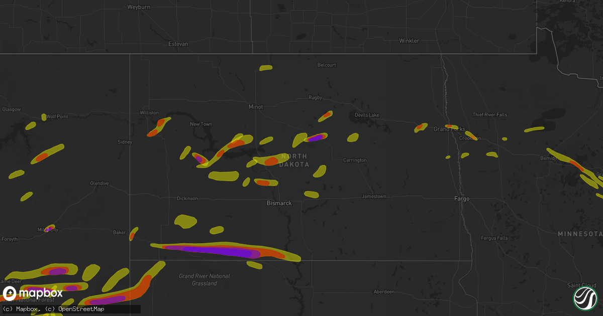 Hail map in North Dakota on June 28, 2018