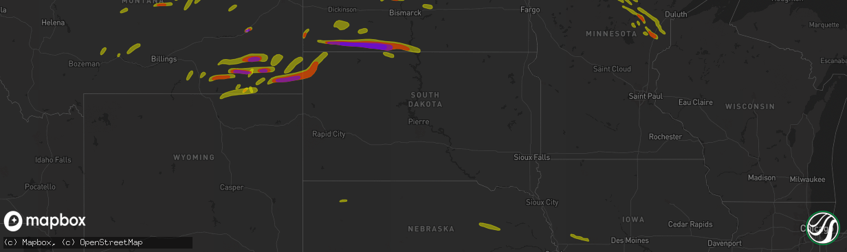 Hail map in South Dakota on June 28, 2018