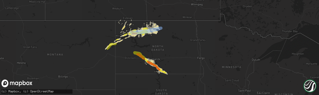 Hail map in North Dakota on June 28, 2019