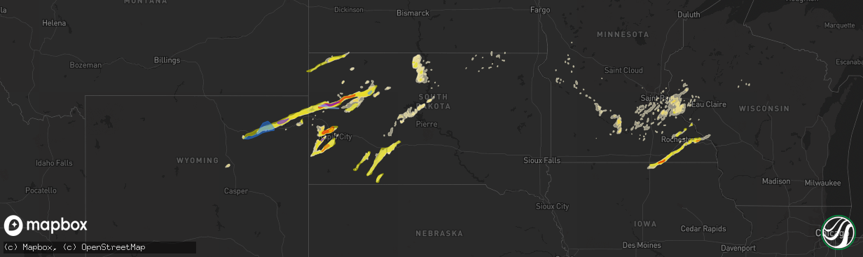 Hail map in South Dakota on June 28, 2020