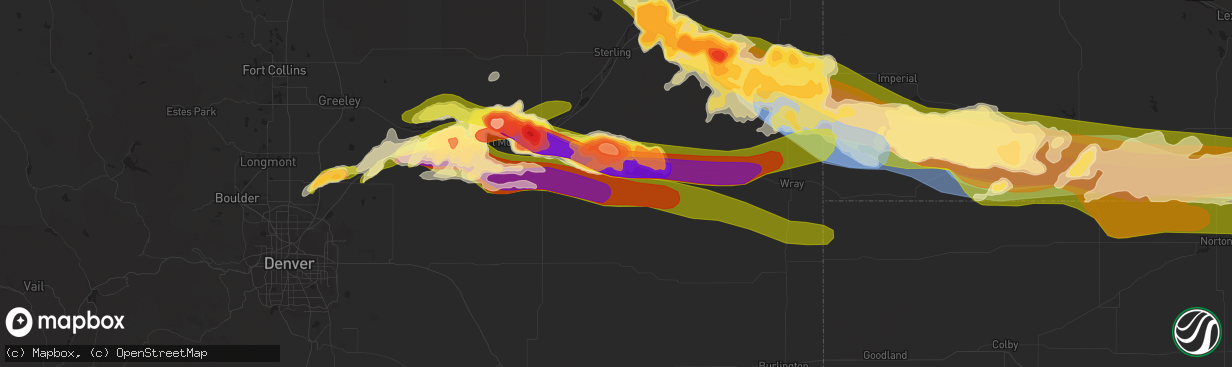 Hail map in Akron, CO on June 28, 2023
