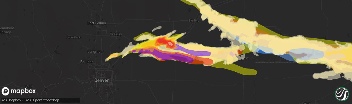 Hail map in Brush, CO on June 28, 2023