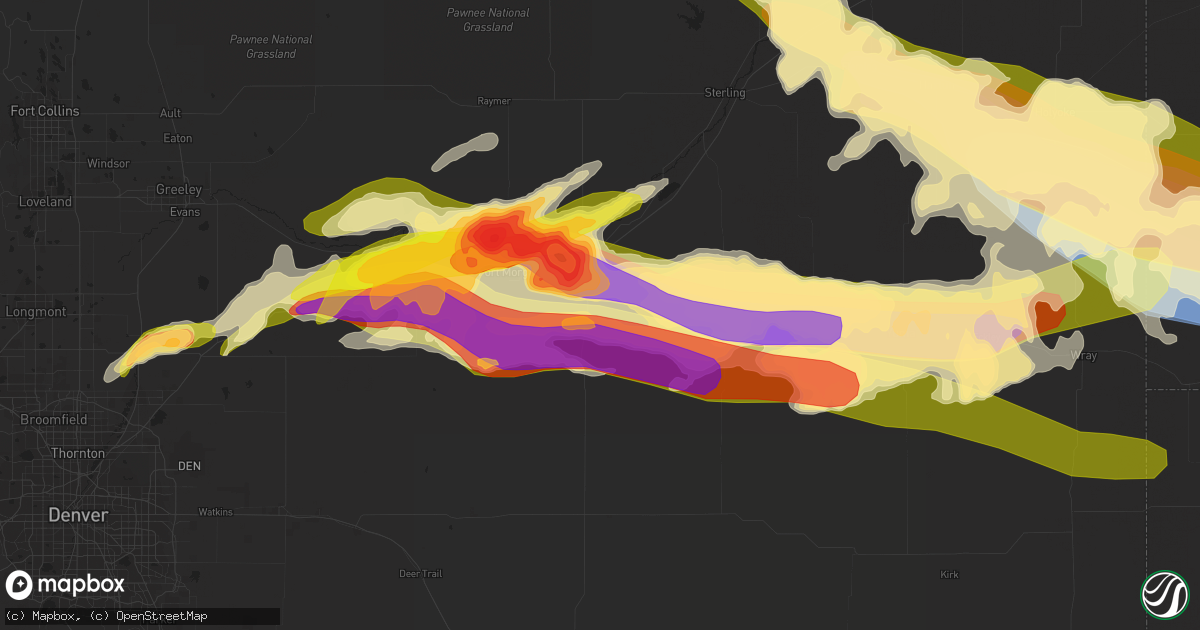 Hail map in Brush, CO on June 28, 2023