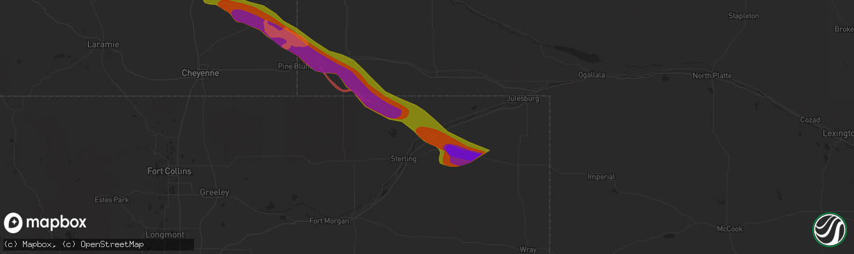 Hail map in Iliff, CO on June 28, 2023