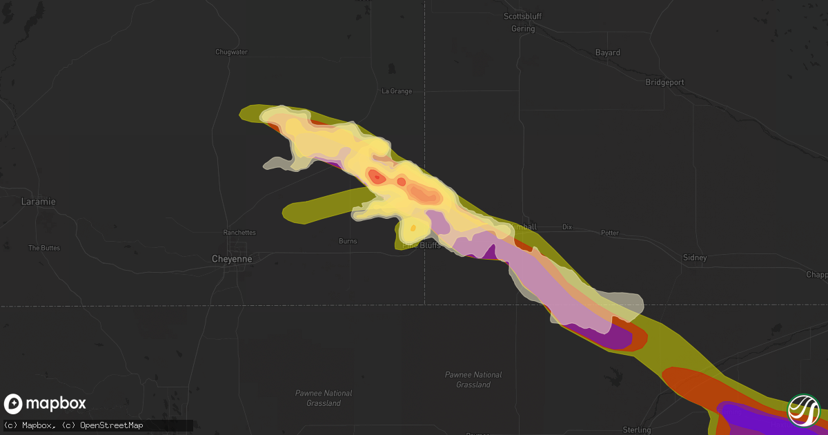Hail map in Pine Bluffs, WY on June 28, 2023