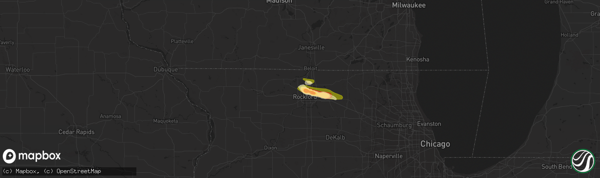 Hail map in Rockford, IL on June 28, 2023