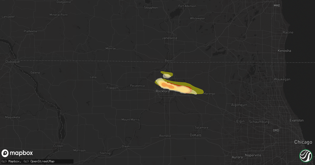 Hail map in Rockford, IL on June 28, 2023
