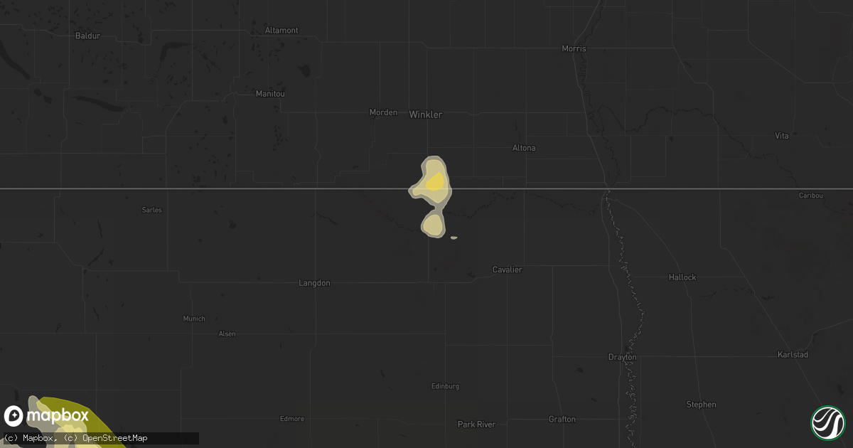 Hail map in Walhalla, ND on June 28, 2023