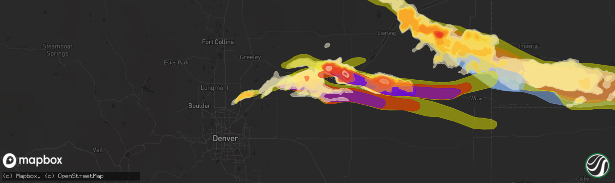 Hail map in Wiggins, CO on June 28, 2023