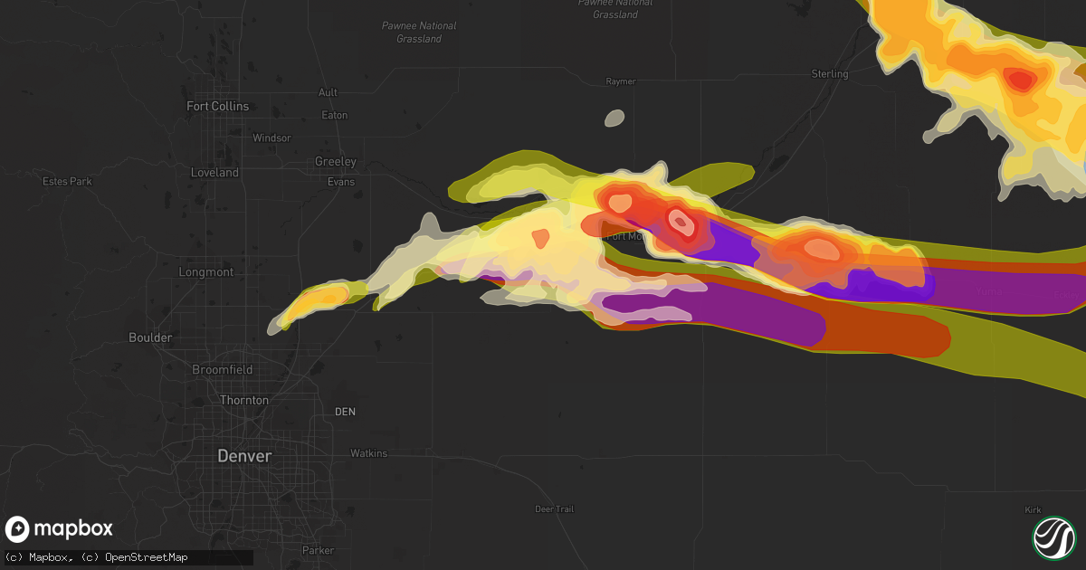Hail map in Wiggins, CO on June 28, 2023