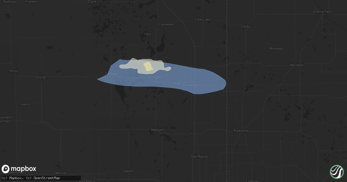 Hail map in Volga, SD on June 28, 2025