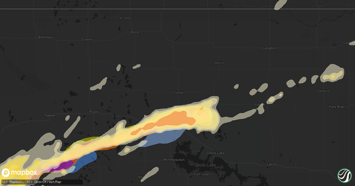 Hail map in Cando, ND on June 28, 2026