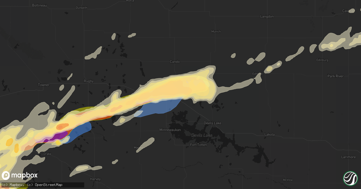 Hail map in Churchs Ferry, ND on June 28, 2026
