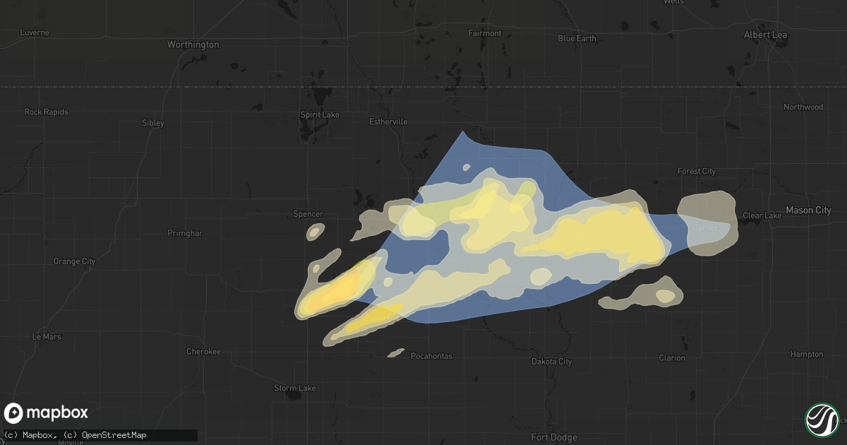 Hail map in Emmetsburg, IA on June 28, 2026