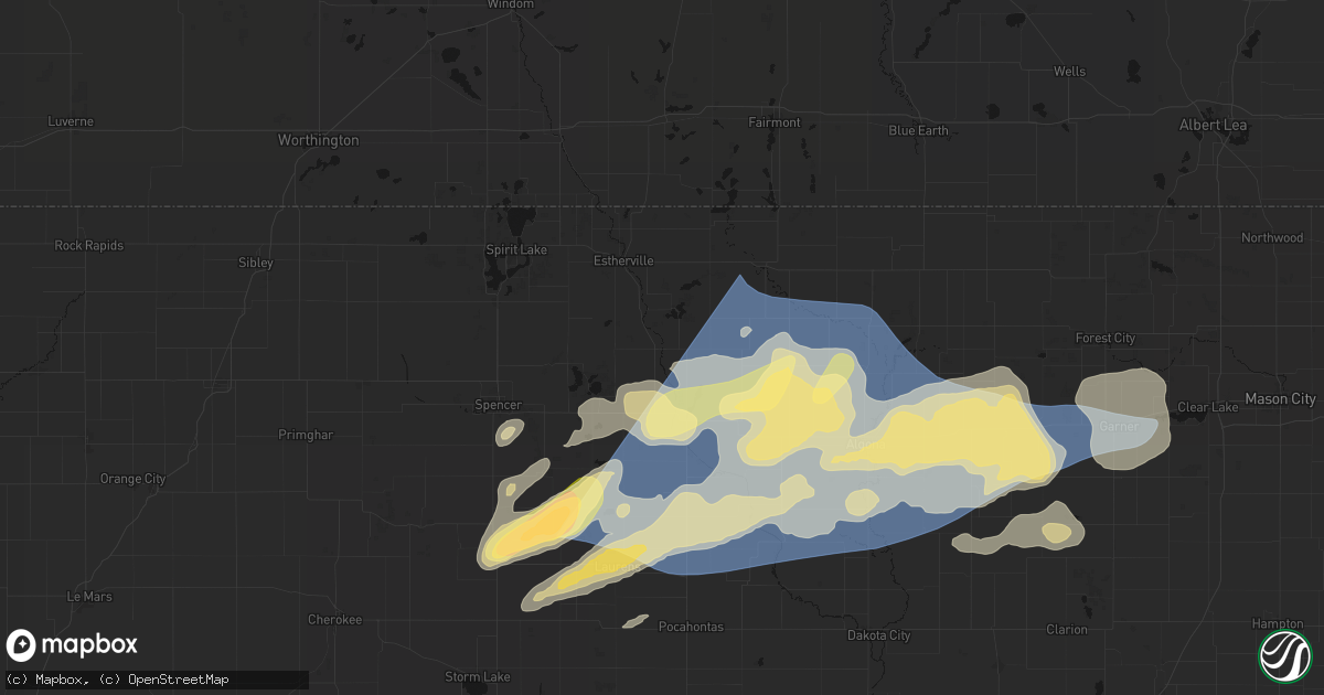 Hail map in Graettinger, IA on June 28, 2026