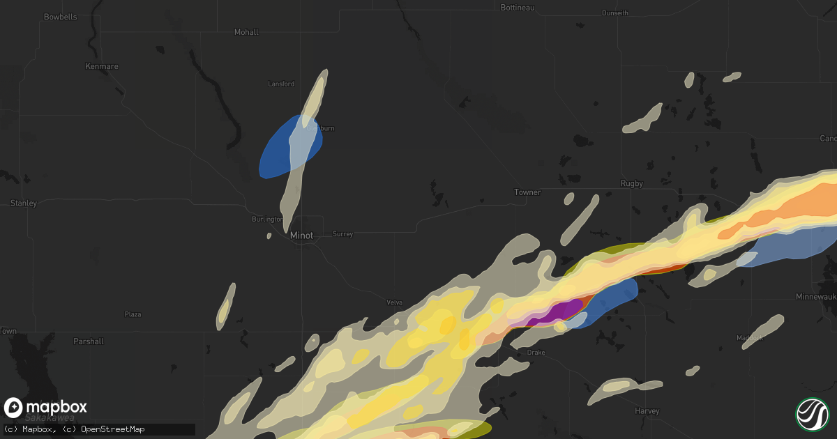 Hail map in Granville, ND on June 28, 2026