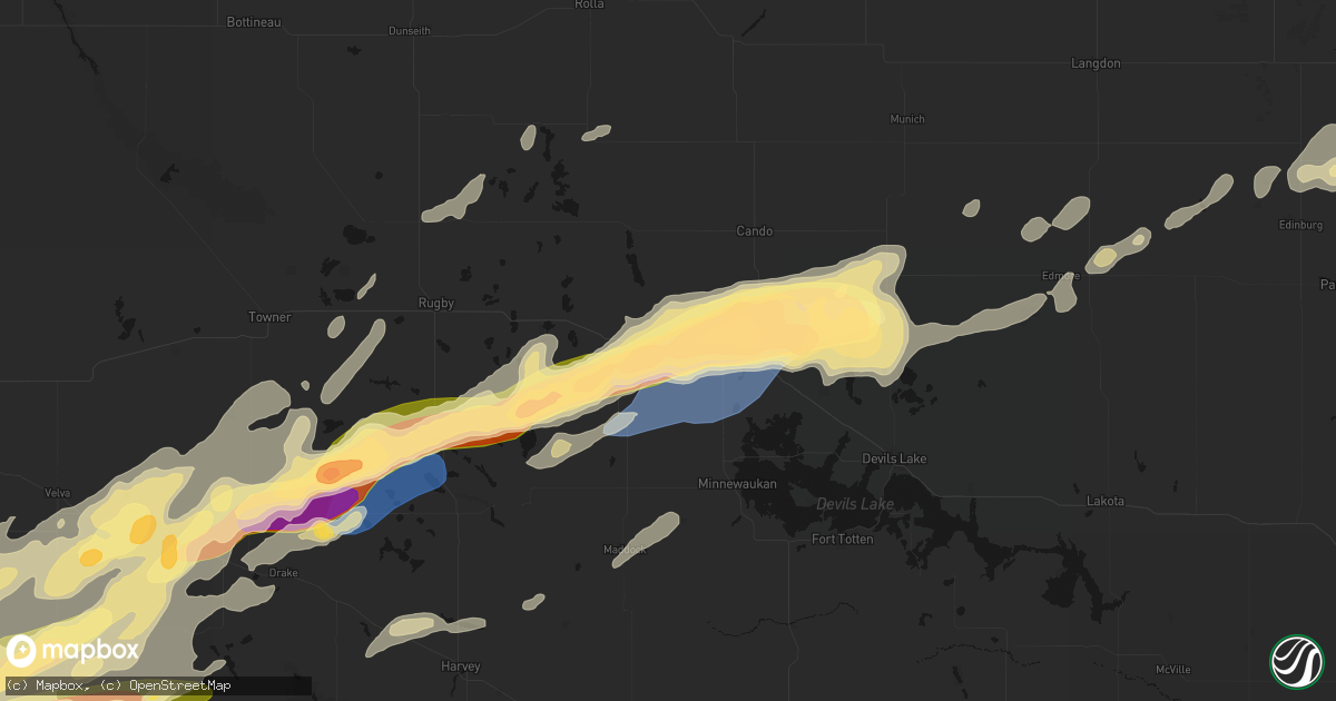 Hail map in Leeds, ND on June 28, 2026