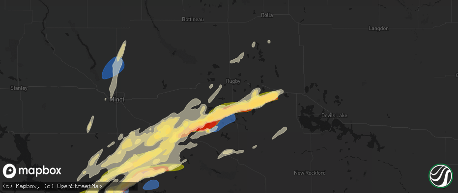 Hail map in Rugby, ND on June 28, 2026