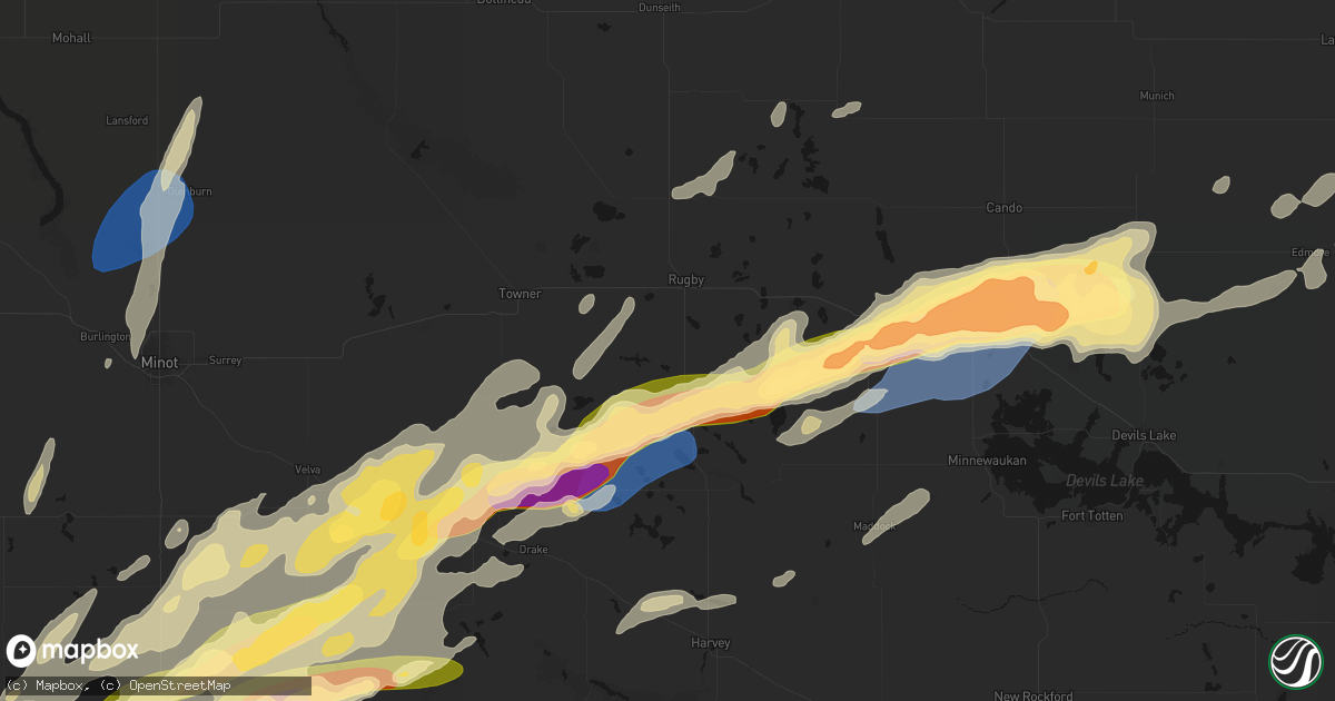 Hail map in Rugby, ND on June 28, 2026