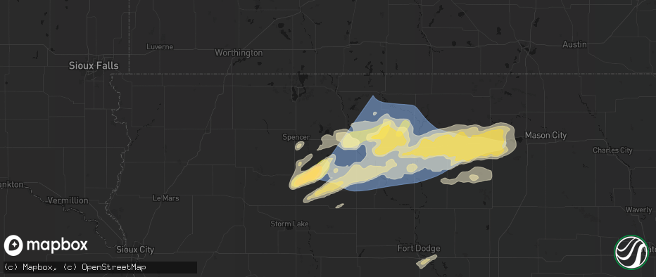 Hail map in Ruthven, IA on June 28, 2026