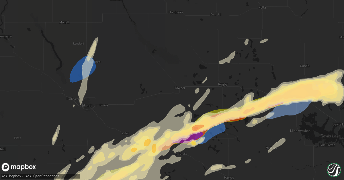 Hail map in Towner, ND on June 28, 2026
