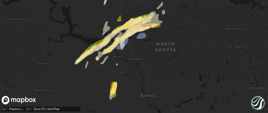 Hail map in Washburn, ND on June 28, 2026