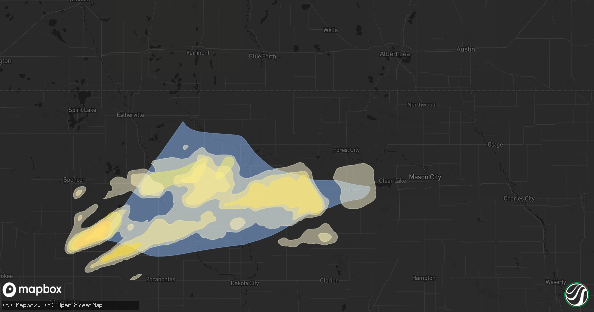 Hail map in Woden, IA on June 28, 2026