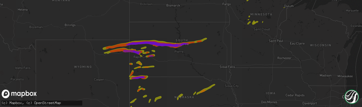 Hail map in South Dakota on June 29, 2018