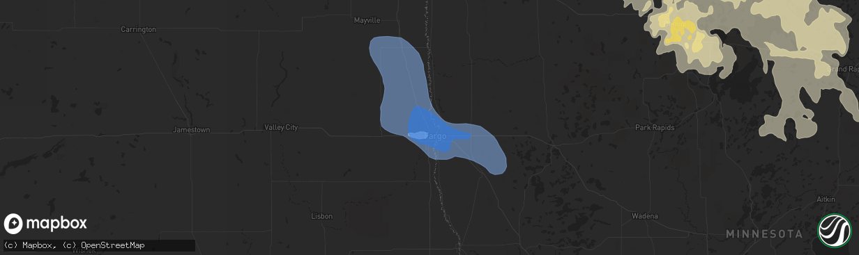 Hail map in Fargo, ND on June 29, 2019