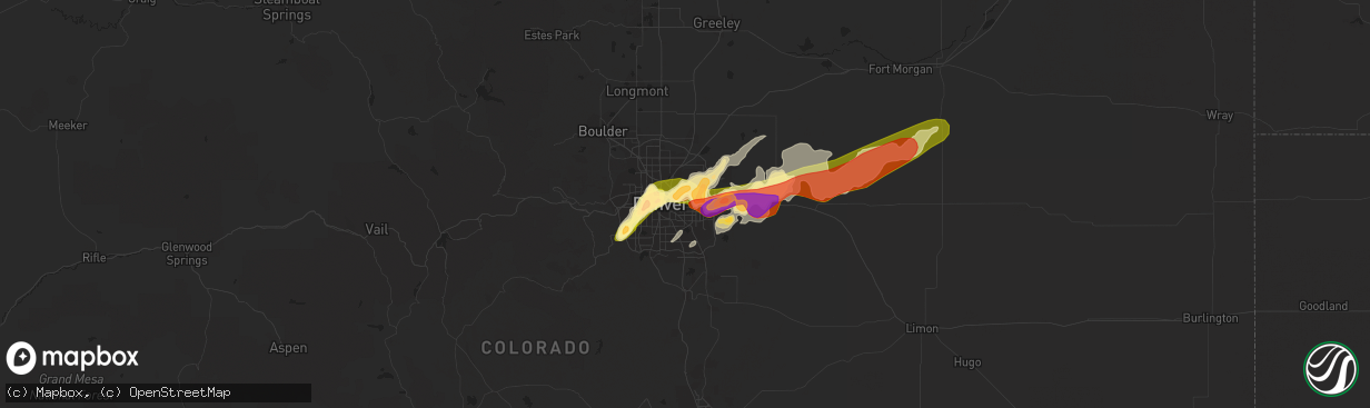 Hail map in Aurora, CO on June 29, 2023