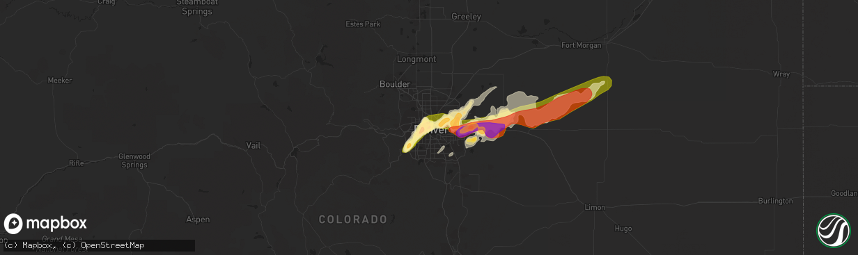Hail map in Denver, CO on June 29, 2023
