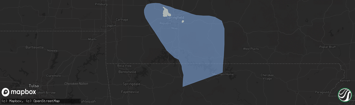 Hail map in Branson, MO on June 29, 2025