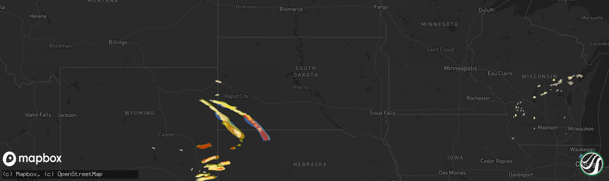 Hail map in South Dakota on June 29, 2025