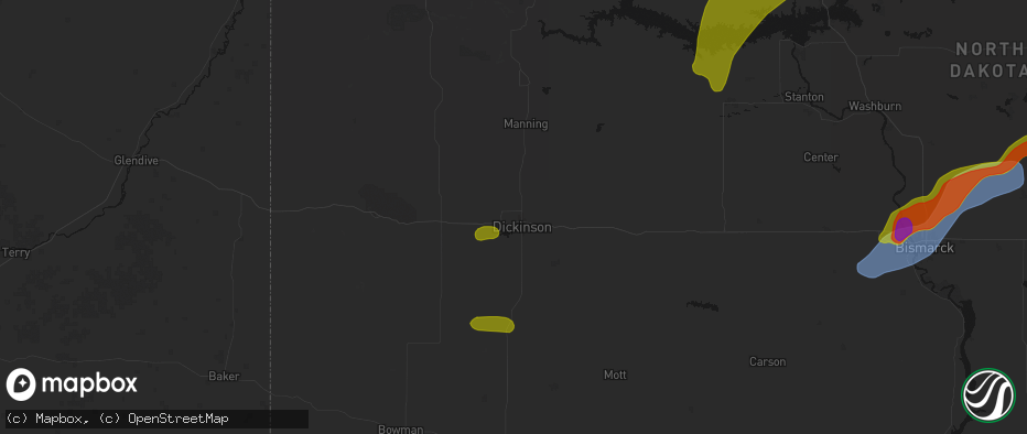 Hail map in Dickinson, ND on June 29, 2026