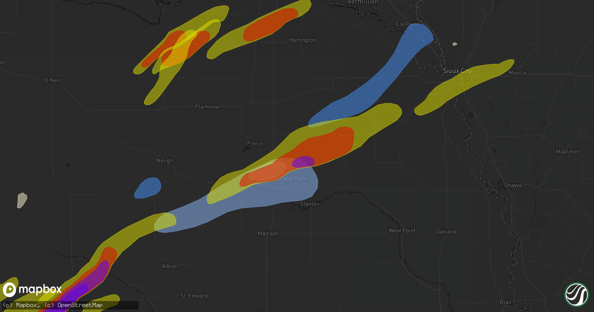 Hail map in Hoskins, NE on June 29, 2026