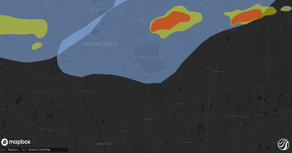 Hail map in Onamia, MN on June 29, 2026