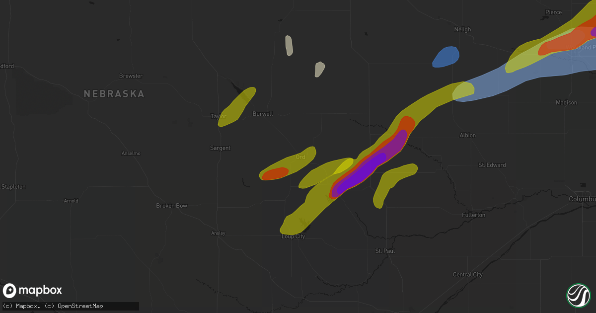 Hail map in Ord, NE on June 29, 2026