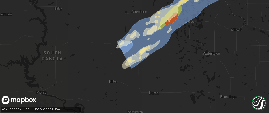 Hail map in Redfield, SD on June 29, 2026