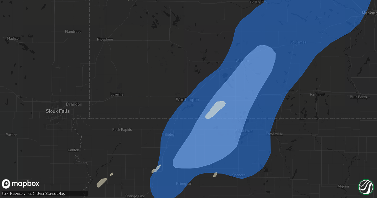 Hail map in Worthington, MN on June 29, 2026
